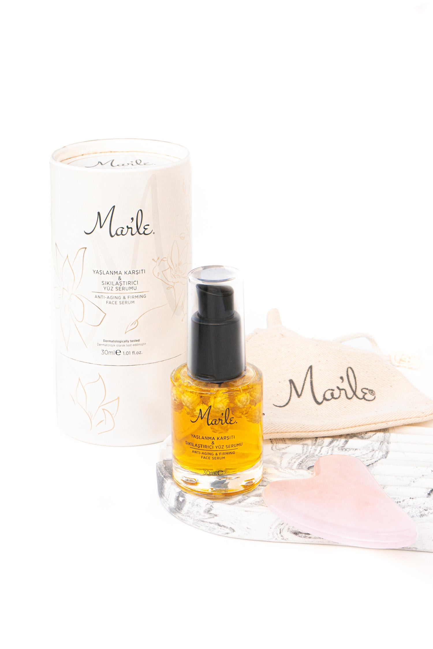 Mar'le Yaşlanma Karşıtı ve Sıkılaştırıcı Yüz Serumu ve Rose Quartz Kalp Masaj Taşı 2'li Set